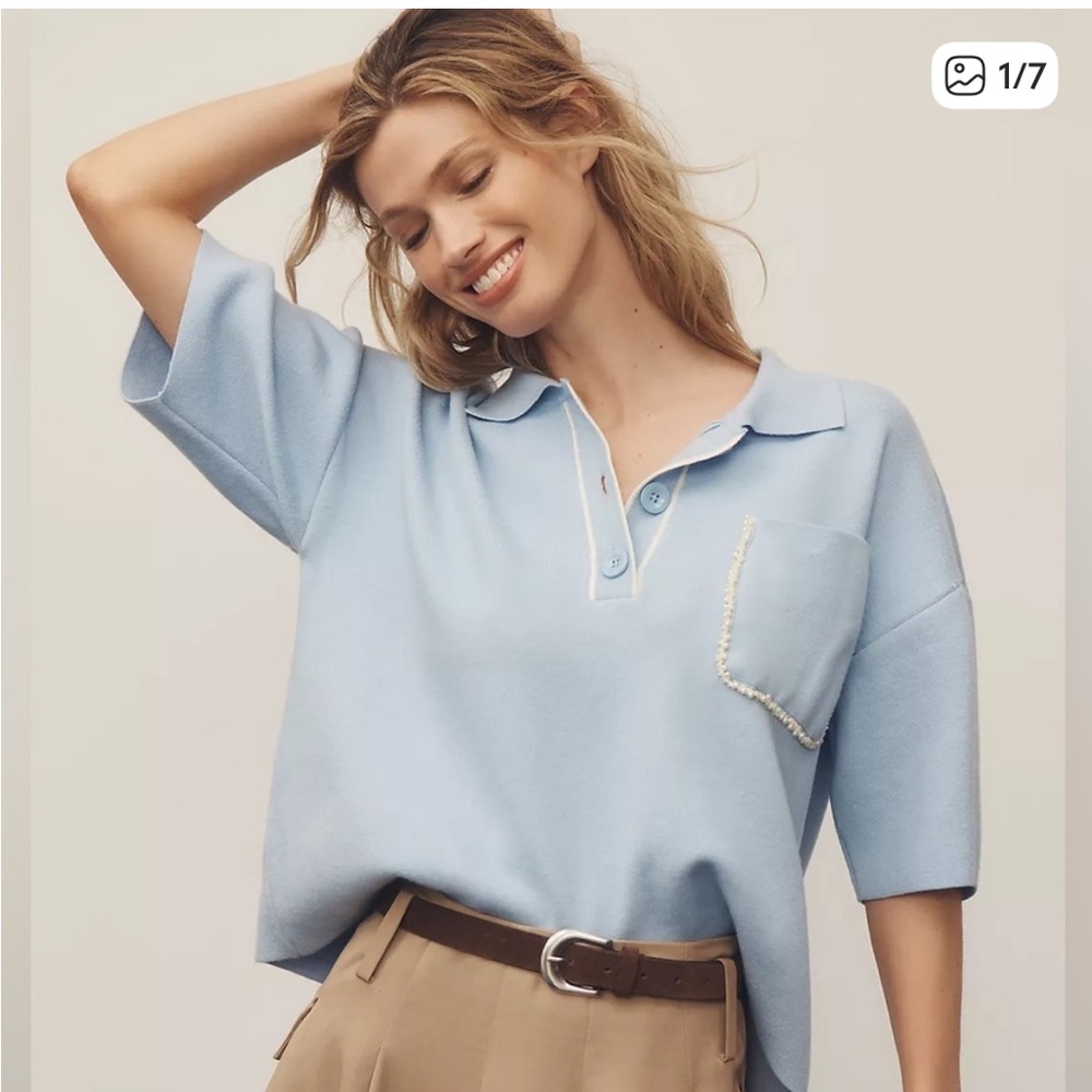 Anthropologie Light Blue Knit Polo Top
